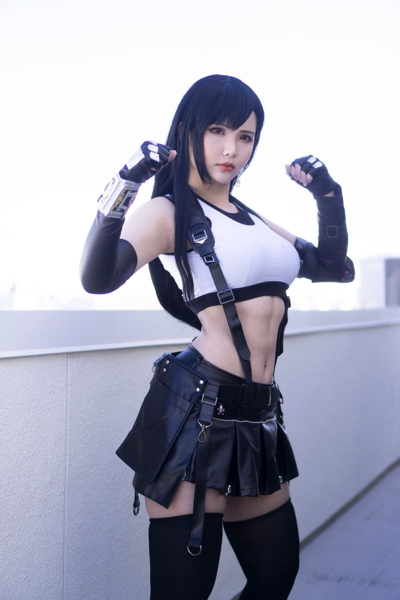 women outdoors, cosplay, miniskirt, white tops, black stockings, stockings, women, video games, 2K, Hana Bunny, model, Tifa Lockhart, Asian, looking at viewer
