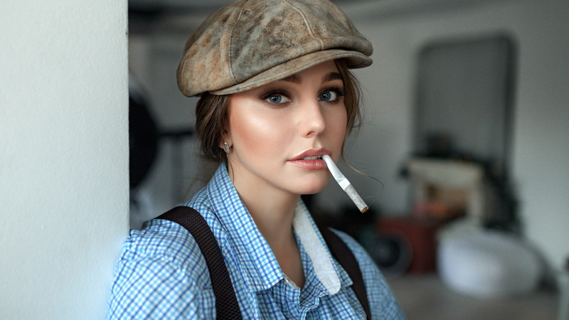 suspenders, 1080P, portrait, depth of field, women, shirt, blue eyes, face, cigarettes