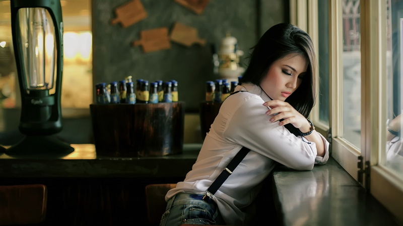 Asian, window, bottles, blouses, women, bar, brunette, sitting, long hair, model, chair, closed eyes, suspenders, jeans, 1080P