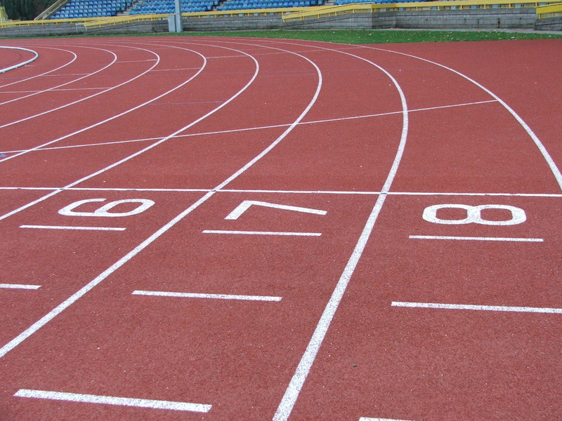 blue, race, sport, empty, red, race track, maroon, fitness, communication, track and field event, 1080P, sky, striped, stadium, running track, number