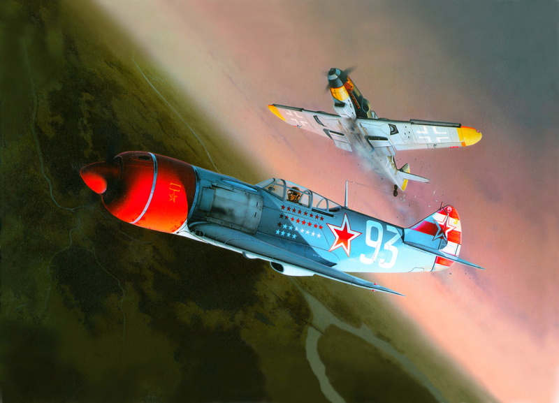 plane, fighters, figure, Messerschmitt, Lavochkin, red, La-7, blue, 5K, battle