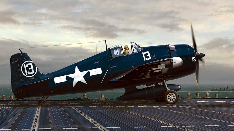 Grumman, the carrier, Hellcat, biplane, art, blue, F6F, carrier-based fighter, painting, 1080P, figure
