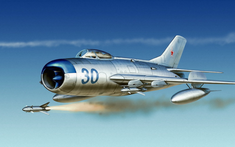 Mig 17, airplane, russian fighter, gray, russian jet, 1080P, illustration, painting, art, war, air combat, aviation