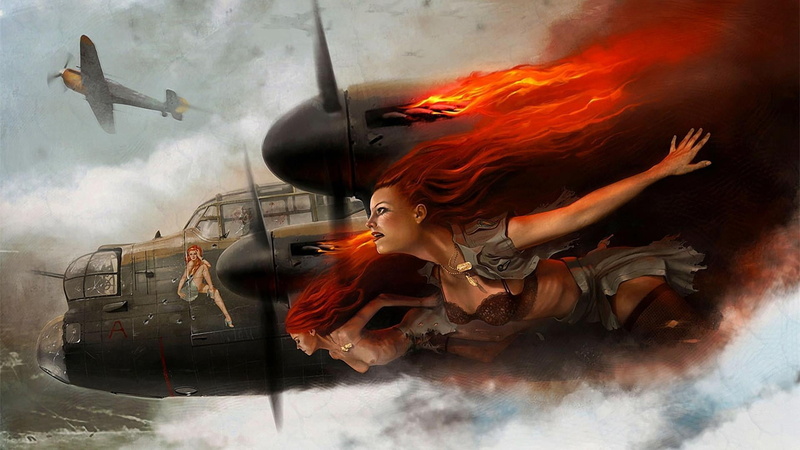 accidents and disasters, near, danger, pin-up, halloween, the plane, heavy, evil, red, women, digital, transportation, ww2, water, bomber, air vehicle