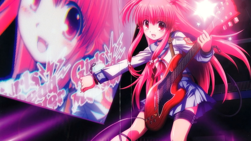 real people, indoors, pink hair, pink color, arts culture and entertainment, looking at viewer, anime, amusement park ride, Angel Beats!, night, looking at camera