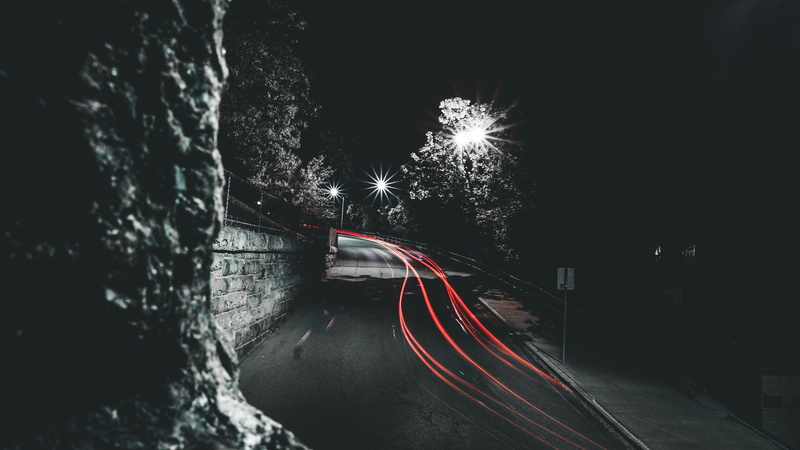 black, red, long exposure, black and white, no people, light trail, trees, speed, white, night, 5K, glowing, blurred motion, illuminated, connection, outdoors