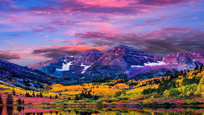 landscape, tranquility, purple, sunset, plant, environment, keep, within, no people, mountain, outdoors, snowcapped mountain, 1080P, autumn, sky, mountain range