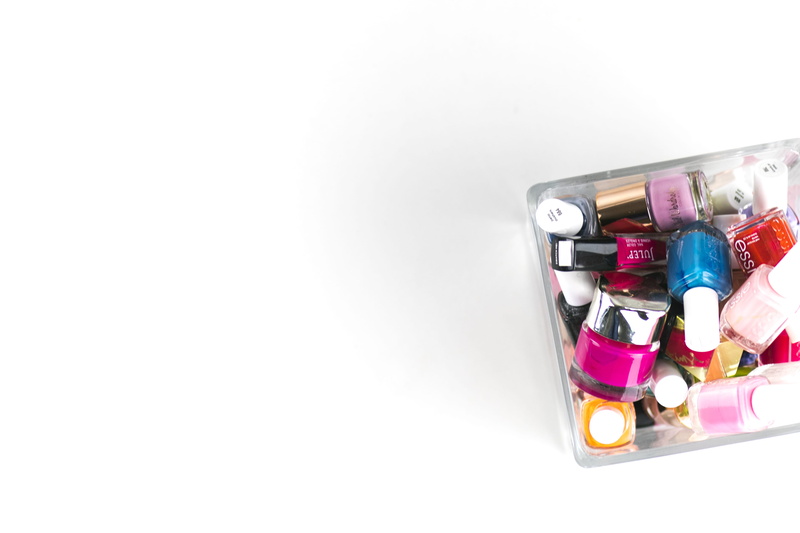 girl boss, indoors, nails, new york, excess, choice, studio shot, table, copy space, abundance, high angle view, blue nail color, multi colored, light pink color