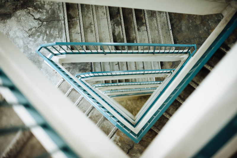 architecture, ceiling, staircase, coloured, day, reflection, close-up, view, nature, built structure, railing, no People, stairwell, steel, teal, looking