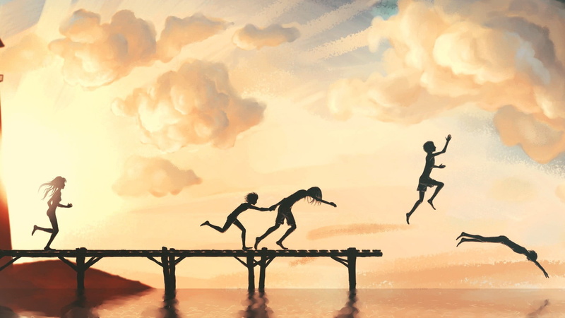 silhouette, classic art, sky, digital art, sport, lifestyles, illustration, water, lake, men, land, cloud - sky, 1080P, children, orange color, outdoors