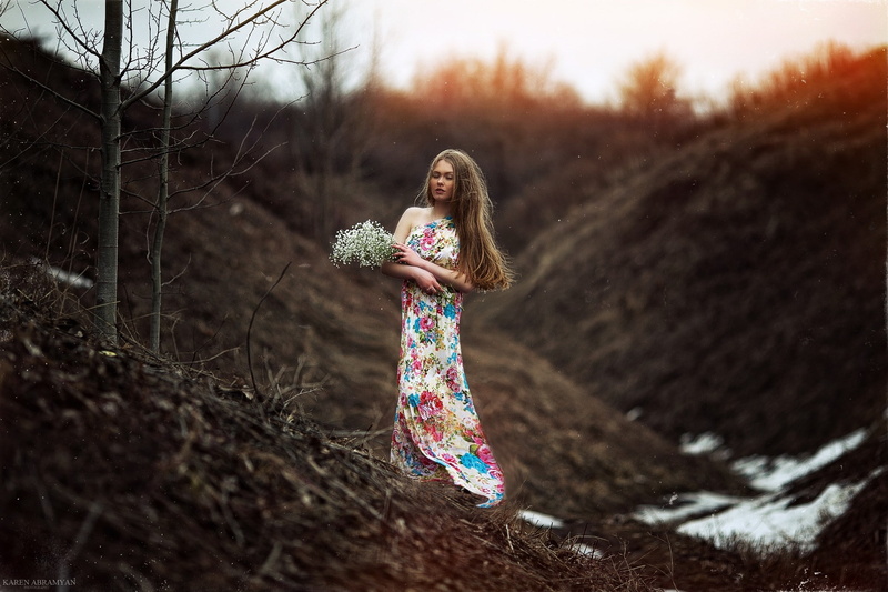 clothing, young adult, adult, young women, depth of field, floral, Karen Abramyan, one person, outdoors, hair, white flowers, women, photography, land