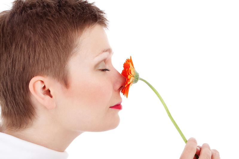 white background, human face, beauty, smell, indoors, child, freshness, nose, women, person, pretty, face, one person, beautiful woman, portrait, plant