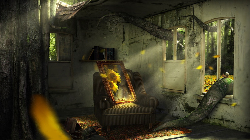 painting, architecture, wood - material, damaged, abandoned, ruin, chair, digital art, fire - natural phenomenon, heat - temperature, tree, sunflower, burning