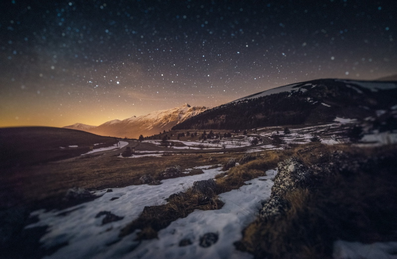snowcapped mountain, Stars, galaxy, star field, Night, Year, Italy, Road, Light, tranquility, bokeh, sky, 1080P, starry, Milky, star, Moon, Peak, star - space