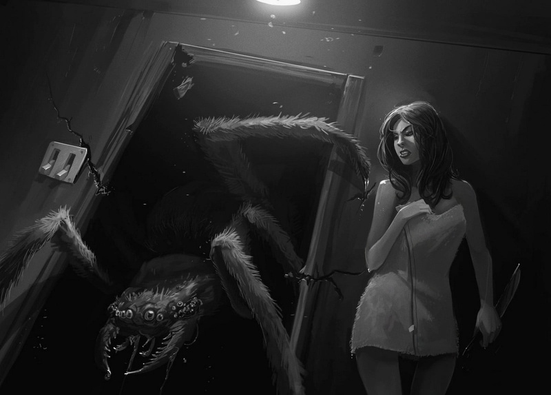 beauty, indoors, women, horror, females, long hair, young adult, artwork, leisure activity, blond hair, spider, 720P, beside, dress, waist up, adult, beautiful woman