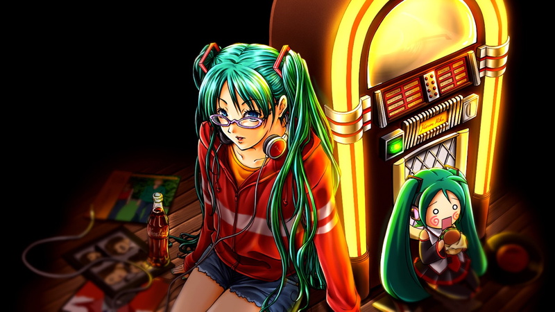 green hair, indoors, headphones, shorts, bottles, bangs, sitting, Vocaloid, blue eyes, Hatsune Miku, sweatshirts, Coca-Cola, hair ornament, long hair, anime girls
