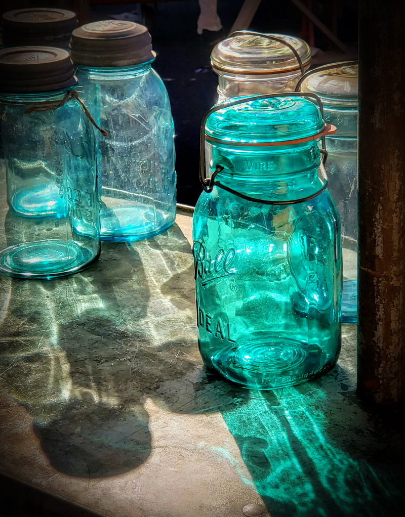 country kitchen, container, indoors, antique, still life, ball jar, day, nature, light, table, jar, vintage, shadow, glass, green color, blue, bottle, no people