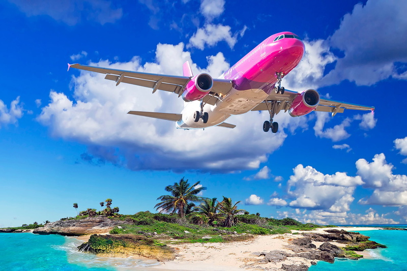 the plane, island, the sun, the sky, flies, passenger, sea, beach, sand, clouds, stones, palm trees, tropics, 1080P, photoshop