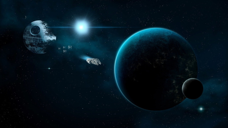 Millenium Falcon, Star Wars, space, Death Star, planet, 1080P