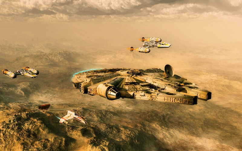 desert, planet, fighters, millenium falcon, 1080P, spaceship, star wars