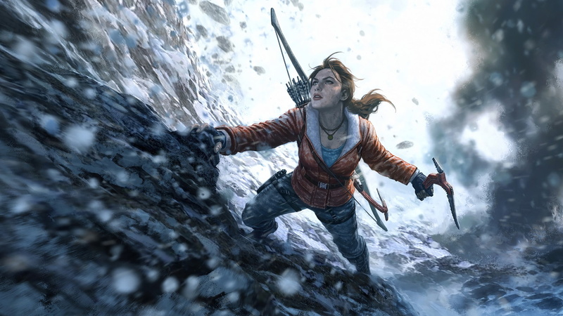 sky, snow, cloud - sky, real people, video games, women, low angle view, motion, representation, art and craft, digital art, Rise of the Tomb Raider, creativity