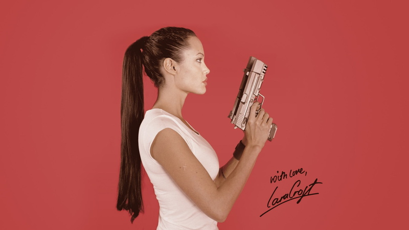 red, pistol, beauty, young adult, standing, studio shot, Angelina Jolie, one person, 1080P, beautiful woman, actress, Lara Croft, weapon, indoors, side view