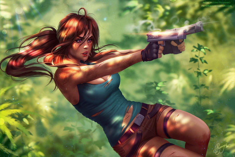 Weapon, Lara Croft, Long Hair, Gun, Woman Warrior, Shorts, Tomb Raider, Ponytail, Brown Hair, 1080P