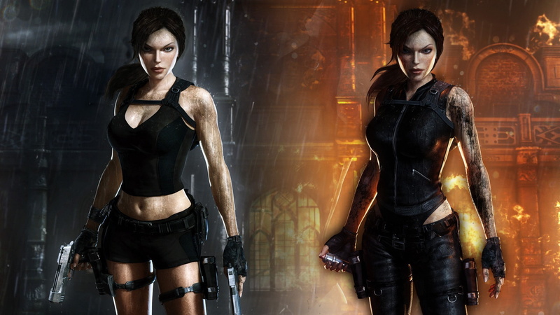 two people, beautiful woman, females, indoors, Lara Croft, digital composite, people, fashion, hairstyle, women, store, looking at camera, 1080P, serious