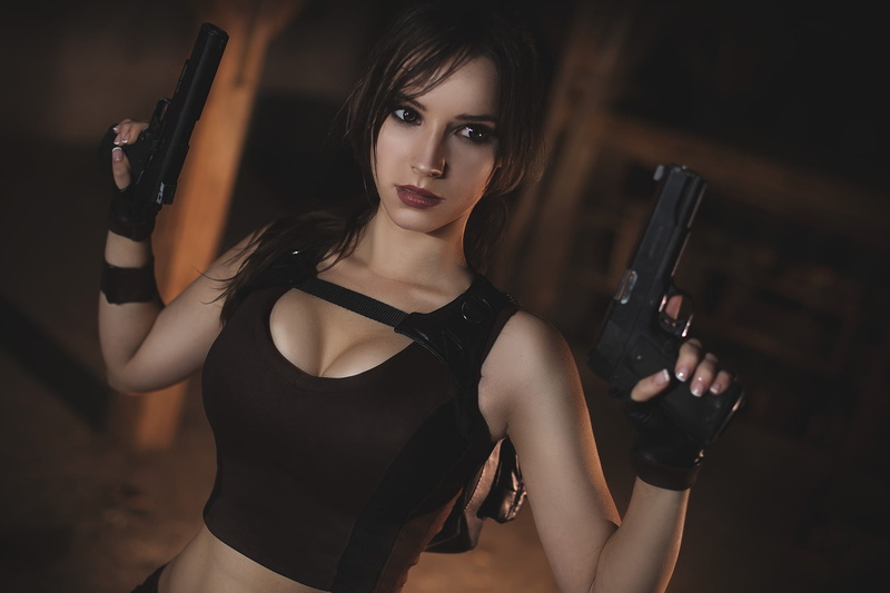 Lara Croft, Cosplay, Tomb Raider, Brunette, Brown Eyes, Gun, Women, 1080P, Lipstick