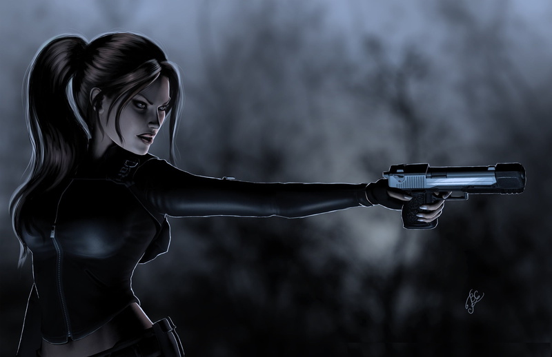 women, young adult, hairstyle, Tomb Raider, aiming, top, black, 1080P, holding, focus on foreground, shooting a weapon, beauty, sleeved, gun, adult, lara croft