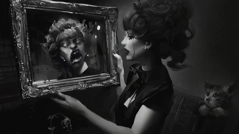 Dark, cats, 1080P, scary, Girls, black, females, white, mood, blood, reflection, women, Mirror, horror