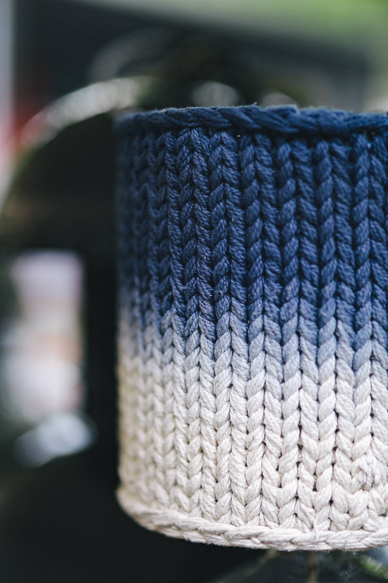 lamp, knitted, blue, soft, day, clothing, 5K, art and craft, material, fabric, close-up, no people, pattern, focus on foreground, detail, indoors, winter