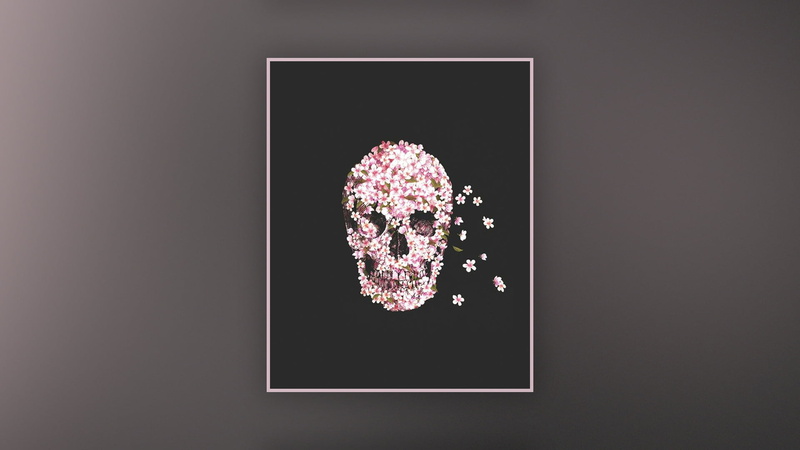 freshness, frozen, skull, pink color, indoors, diamond, plant, studio shot, copy space, directly above, creativity, simple background, flowers, black background