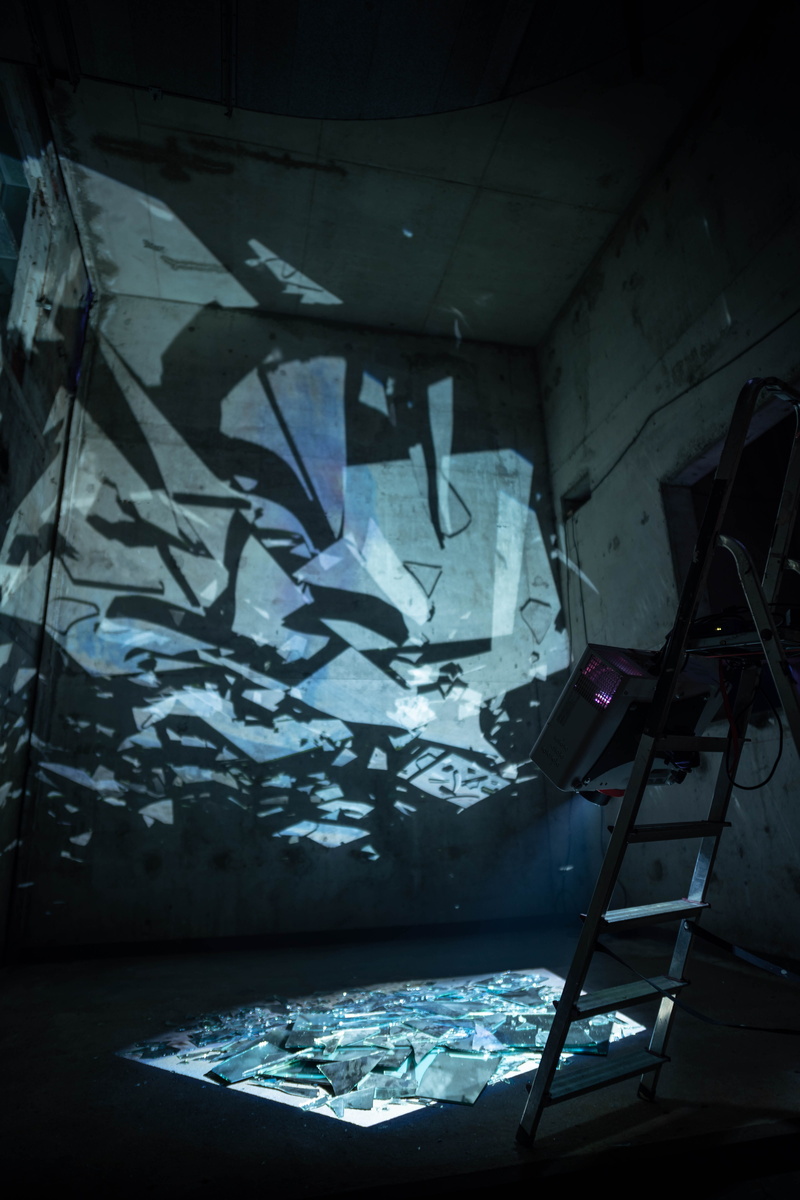 dark, reflections, ladder, light beam, shattered, damaged, built structure, indoors, 5K, broken glass, photo, architecture, graffiti, no people, empty