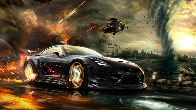 CGI, explosion, vehicle, digital art, Nissan GT-R, 1080P, render, helicopters, fire, car