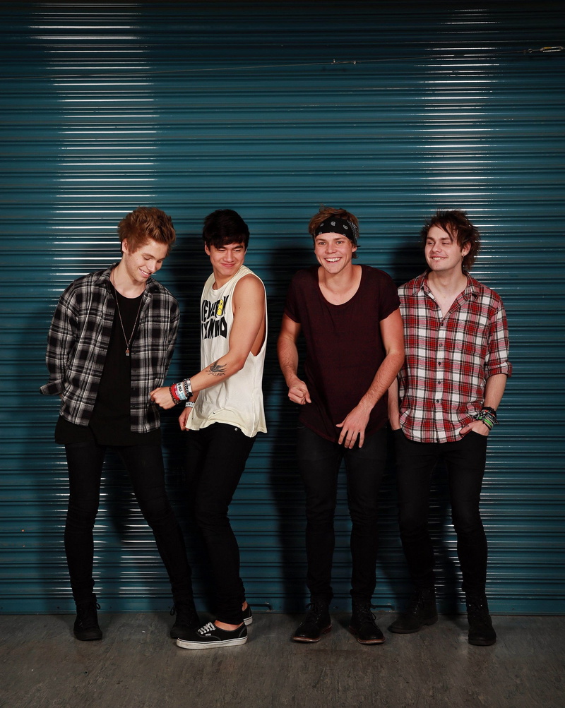 plaid shirt, portrait, front view, checked pattern, friendship, iron, young adult, young men, men, group of people, people, 1080P, looking at camera, 5 seconds of summer luke hemmings calum hood ashton irwin micheal clifford