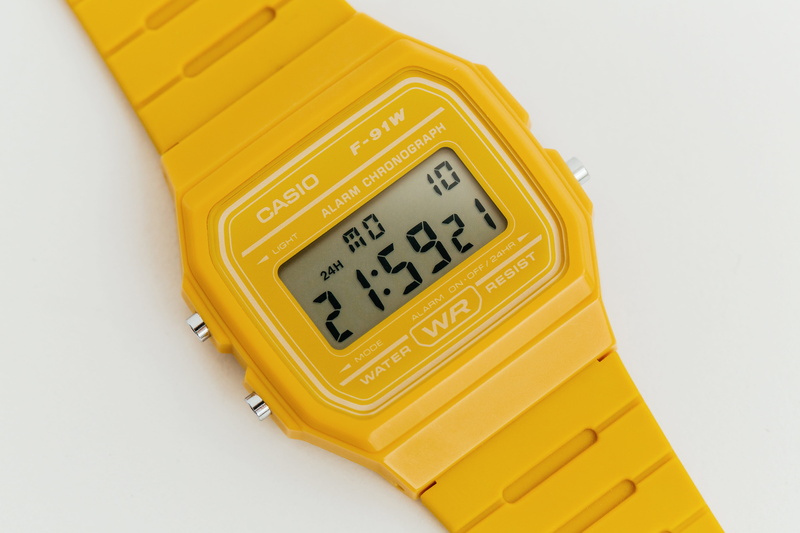 watch, yellow, fuel and power generation, casio, heat - temperature, digital display, indoors, white background, meter - instrument of measurement, close-up