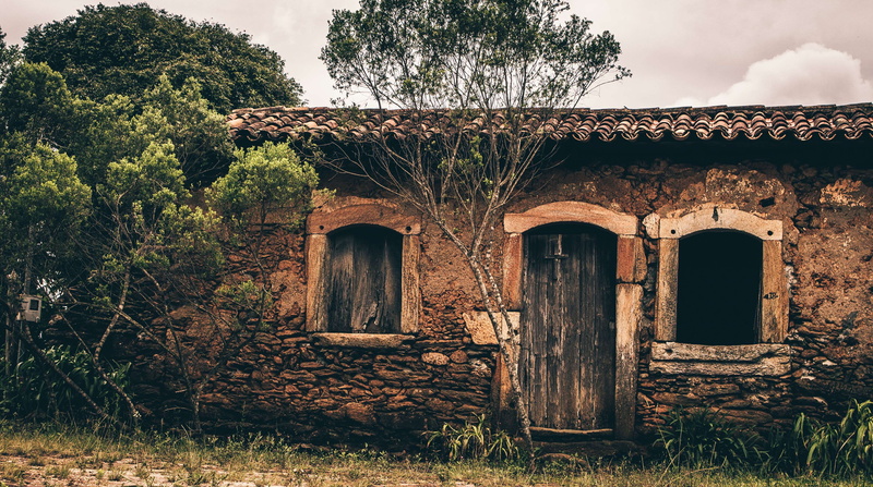 sky, architecture, historic, historic center, historical, 4K, outdoors, run-down, tree, building, ruined, door, window, house, stone wall, historic building