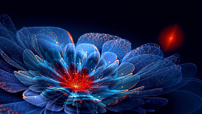 1080P, petal, digital, flower, blue, plant, digital art, fractal art