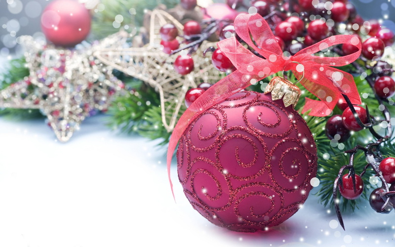 2K, Christmas, New Year, berries, ribbon, Christmas ornaments