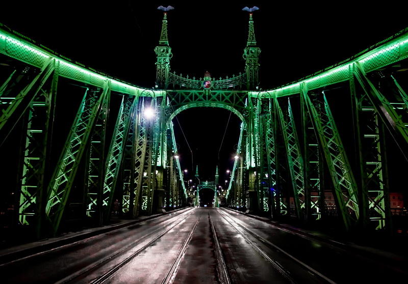 green, no people, green color, road, parallel, travel, transportation, travel destinations, nature, night, bridge - man made structure, illuminated, connection