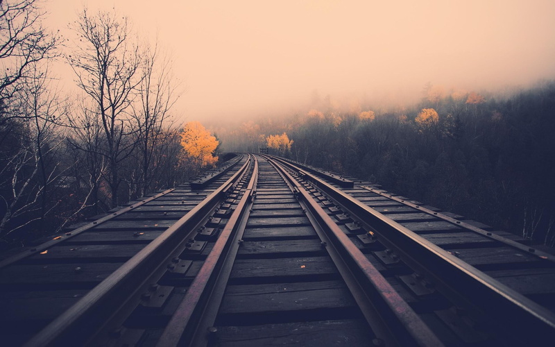 railway, trees, mist, fall, 2K