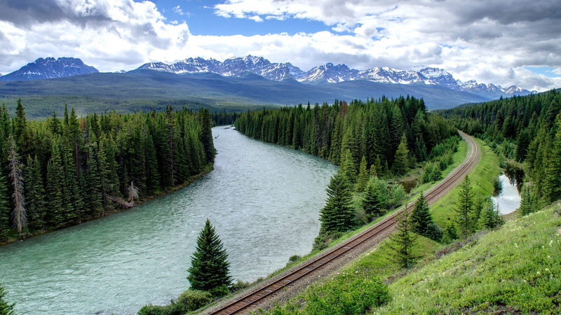 railway, forest, mountains, 1080P, river, nature, landscape