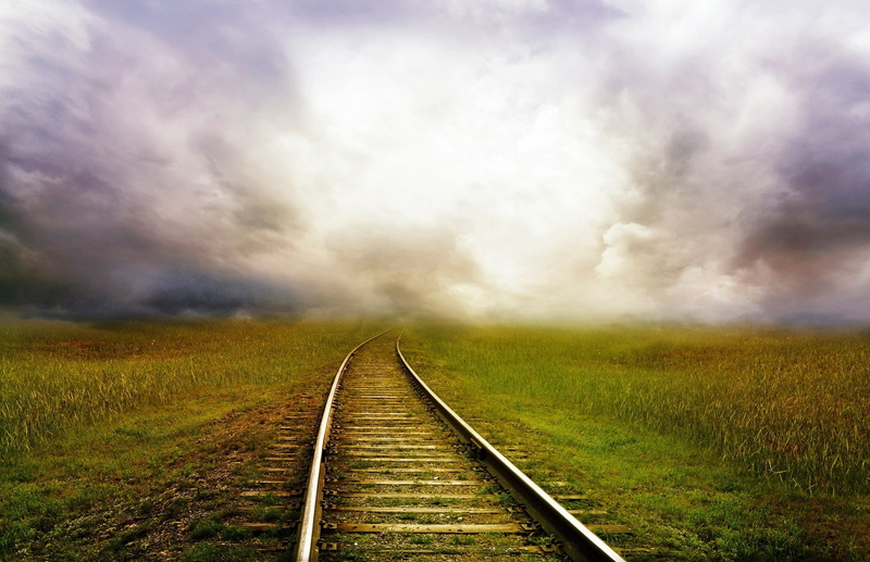 landscape, grass, outdoors, long, diminishing perspective, railroad track, environment, fog, cloud - sky, sky, 1080P, track, direction, railway, no people