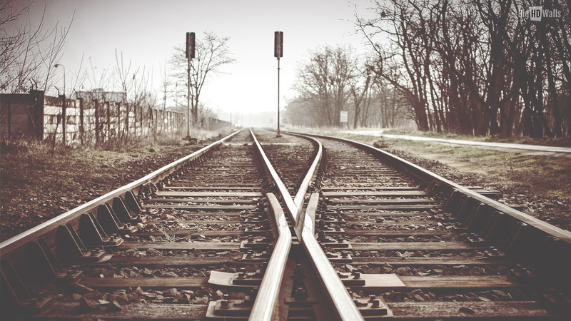 railway, vanishing point, sky, 1080P, nature, metal, tree, outdoors, transportation, gravel, railroad tie, bare tree, the way forward, no people, mode of transportation