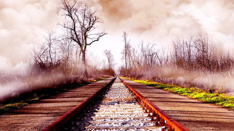 non-urban scene, autumn, mist, railroad, day, track, land, gravel, the way forward, tree, outdoors, bare tree, no people, transportation, nature, parallel