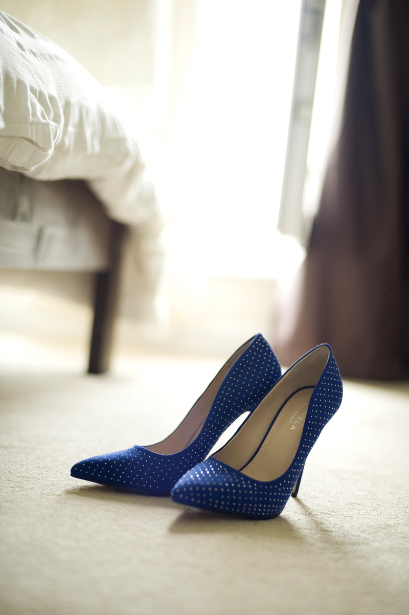 pointed, human leg, lifestyles, low section, human foot, dot, focus on foreground, blue, shoes, clothing, heels, indoors, bridal, pumps, beige, standing