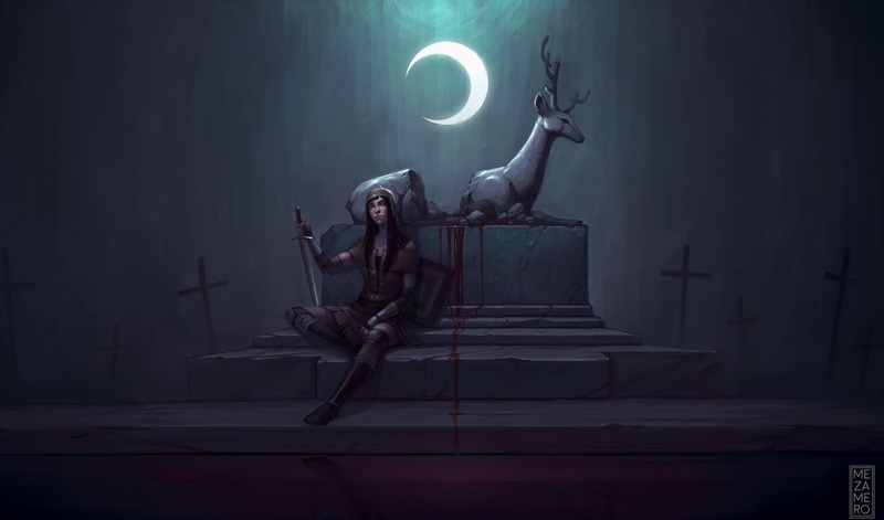 illustration, fantasy, fantasy art, moon, 2K, deer, sword, art