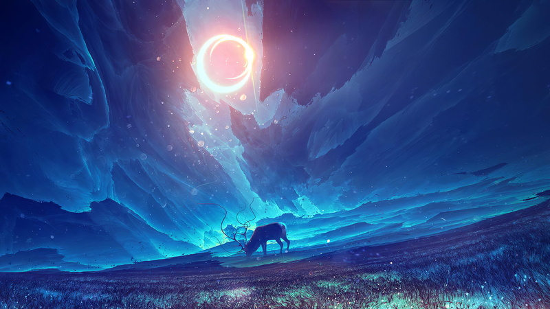 planet, abstract, deer, 2K