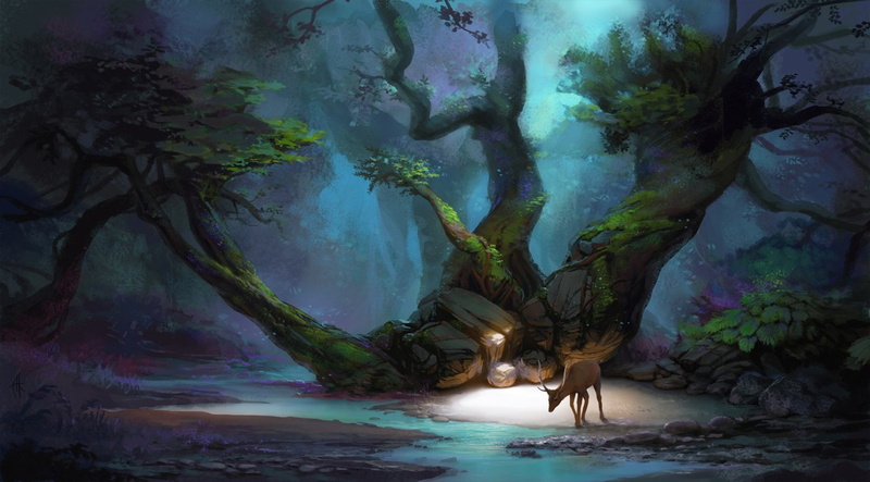 artwork, 720P, digital, fantasy, science, Pixelated, abstract, Trees, Dark, Deer, Fall, art, fiction